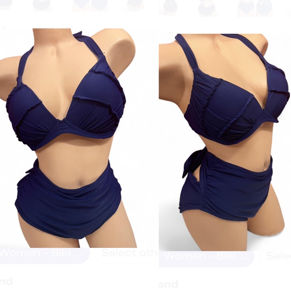 Betsey Johnson Navy Blue Halter Bikini Set High Waist Adorable Back Tie L